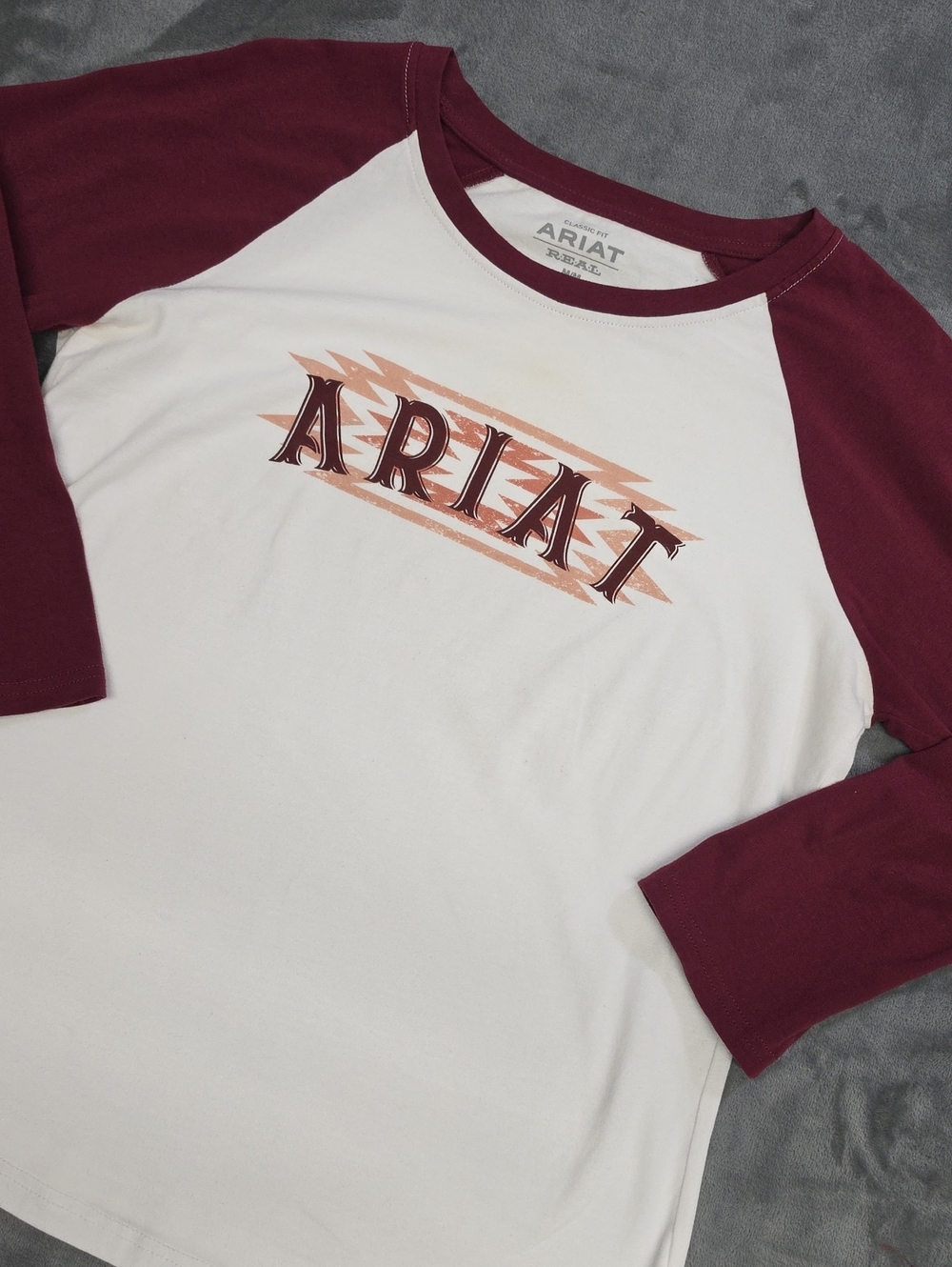 Ariat White Raglan Tee with Maroon Sleeves